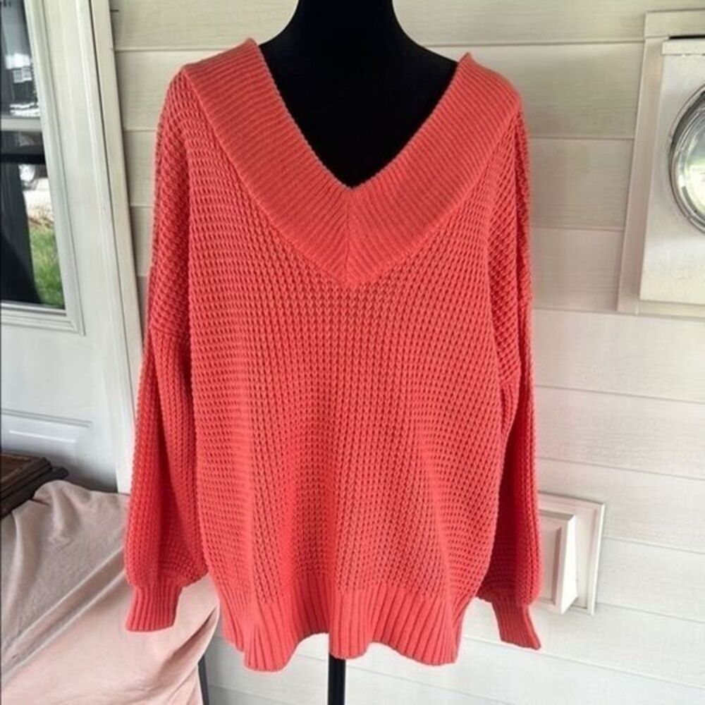 Zenana Pink V-Neck Sweater with Waffle Knit - Picture 1 of 7